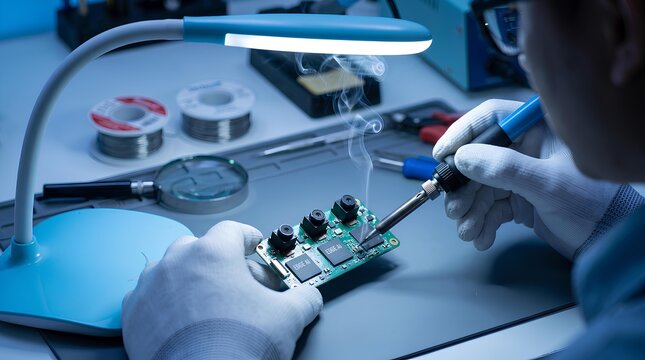 Engineer soldering micro controller circuit board for edge AI vision device in laboratory