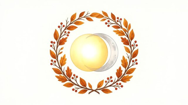 Celestial Eclipse Animation with Autumn Leaf Wreath on White Background
