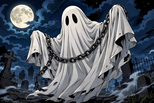 Fantasma encadenado bajo la luna lleno de niebla