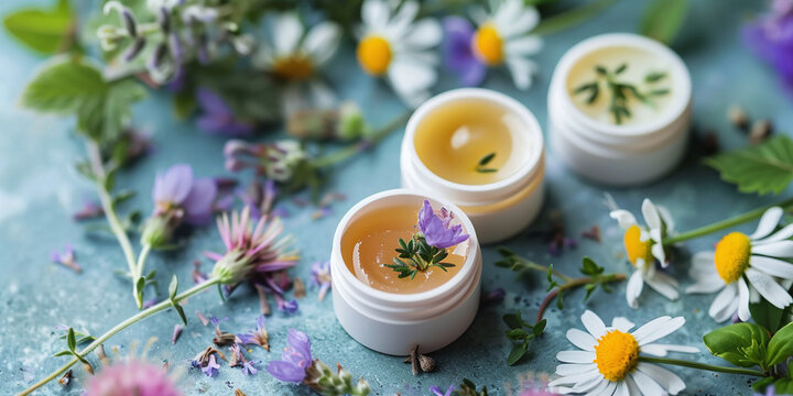 Natural organic cosmetic cream in jars with wild chamomile Matricaria chamomilla and herbs on a rustic background. Healthcare beauty product with botanical extracts and essential oils for skincare tre