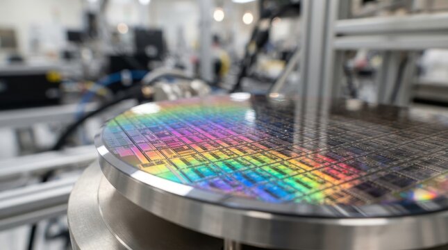 Mirrored silicon wafers with rainbow interference patterns, microchip grid reflections, and ultra-clean metallic edges.