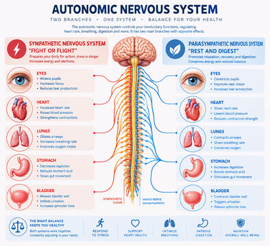 comparative medical infographic illustrating the autonomic nervous system, central spinal cord diagram to compare Sympathetic versus Parasympathetic effects on eyes, heart, lungs, stomach, and bladder