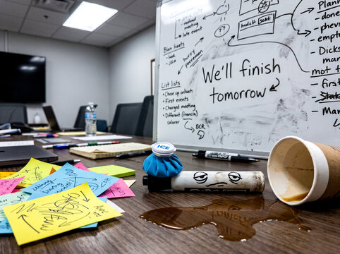 Whiteboard marker with ice pack hangover after long meeting surreal stock