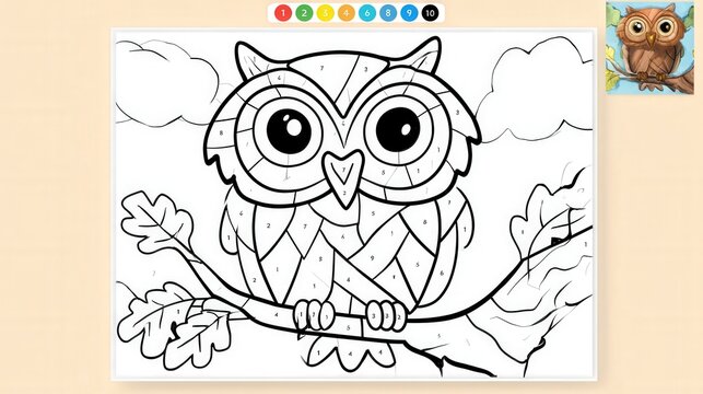 Color by number owl page featuring cute bird on branch. Great activity for children to develop creativity and motor skills at home.