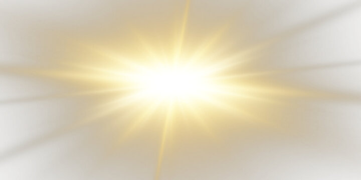 Bright golden light burst with radiant sun rays and warm glow. Powerful lens flare effect for cinematic and abstract design.