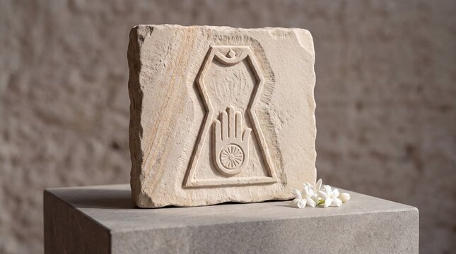 Stone carving of Jain Ahimsa symbol with wheel and jasmine flowers for Rohini Vrat Jain Festival religious banner with copy space
