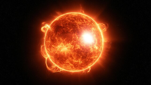 A blazing hot sun with active solar flares glows in deep space. Concept for astronomy, solar energy, and cosmic science themes.