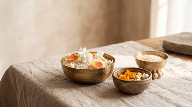 Brass and clay offering bowls with rice grains and jasmine blossoms for Rohini Vrat Jain Festival spiritual banner with copy space