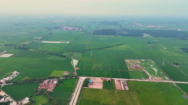 Aerial Drone Panning Shot of Green Agricultural Fields on the Outskirts of Mohali Punjab