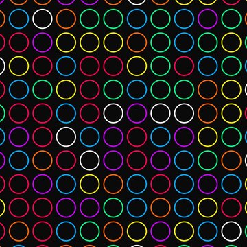 A vibrant grid of multicolored circular dots arranged on a solid black background. Each colorful circle features a subtle inner ring, creating a repetitive geometric pattern.