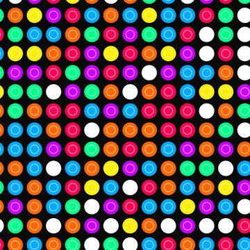 A vibrant grid of multicolored circular dots arranged on a solid black background. Each colorful circle features a subtle inner ring, creating a repetitive geometric pattern.