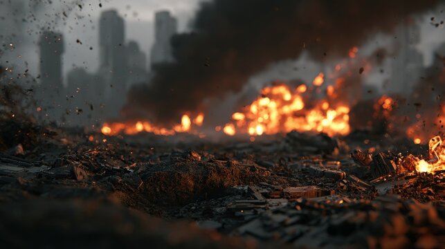A burning city in ruins with thick black smoke and debris under dark skies. This scene depicts post-apocalyptic destruction or a disaster movie setting.