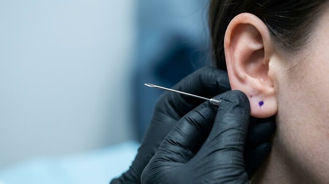 Professional piercer using sterile needle to create ear piercing on lobe with purple marker dot