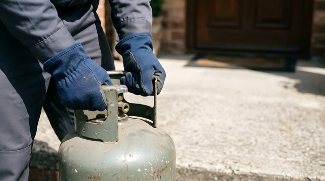 Person wearing blue gloves holding a gas cylinder outdoors