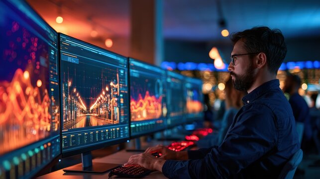 A detailed visualization of a smart grid control center displaying real-time data and management systems for efficient energy distribution and monitoring.