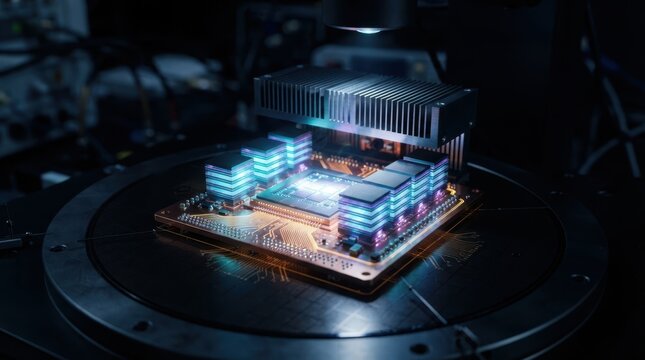 AI hardware chiplet array with memory stacks, copper interposer, and cooling fins on a dark wafer stage