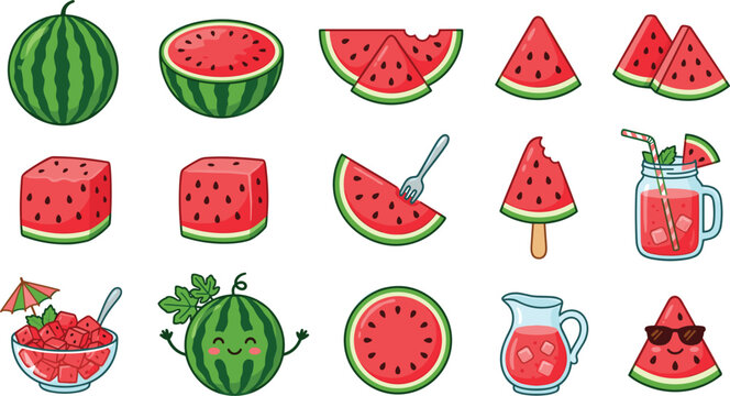 Watermelon Vector Icon Set with Cute Kawaii Characters Slices Cubes Juice Jar and Summer Dessert Symbols for Healthy Fruit Graphic Designs