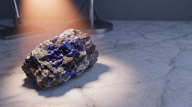 cobalt mineral sample with blue crystals resting on a marble surface, critical minerals