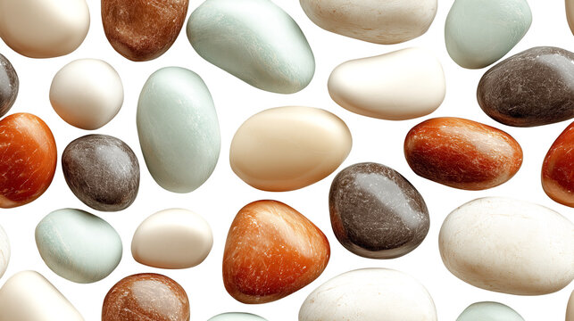 Smooth polished river pebbles in various colors create seamless background pattern with interlocking oval shapes., isolated
