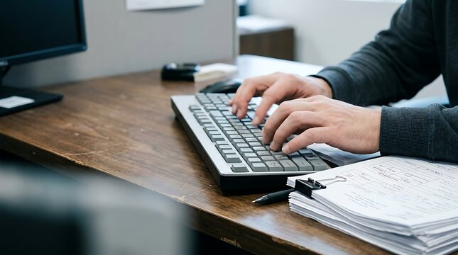 Person typing on a computer keyboard at a wooden desk with documents and pen