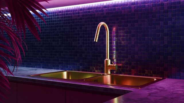 Modern kitchen interior with neon lights, mosaic tile, marble countertop and gold faucet sink. Contemporary creative interior design. Minimalist luxury architecture concept idea. 3d animation