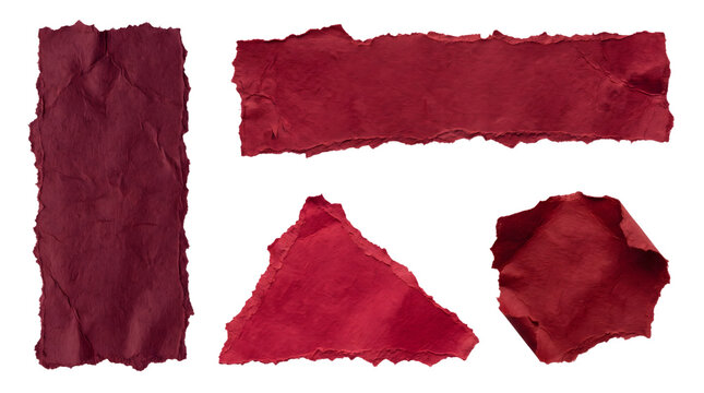 Burgundy torn paper scraps set, maroon ripped paper pieces with deckle edges, dark red textured paper fragments for scrapbooking