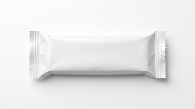 Unopened rectangular snack bar wrapper with clean edges displayed on a pure white bokeh background.