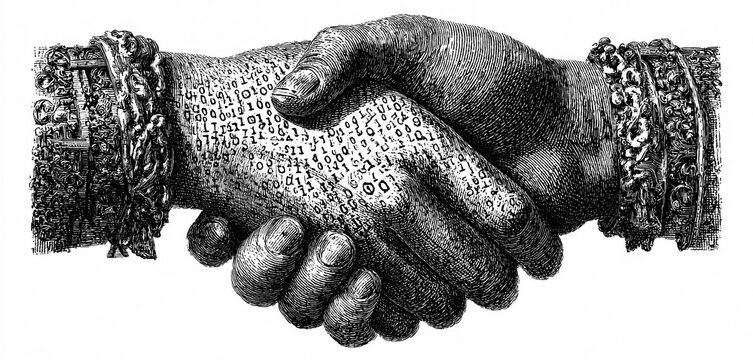 Two hands interlocking in handshake, one dissolving into digital binary code, rendered in banknote engraving style, symbolizing digital transformation., isolated