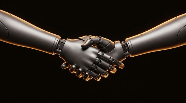 Two dark humanoid robotic hands clasping in machine to machine handshake agreement on pure black background with symmetrical rim lighting for edge computing and p2p network consensus concept