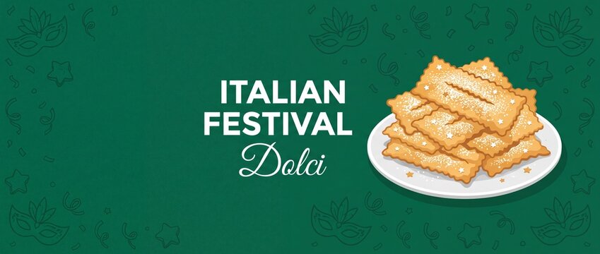 Italian Carnival Pastries Chiacchiere Desserts on Plate Green Banner for Festive Celebration Designs with Powdered Sugar Sweet Food Background Concept vector illustration for Mardi Gras holiday party