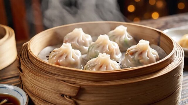 Steaming hot dumplings served in a bamboo basket with dipping sauce