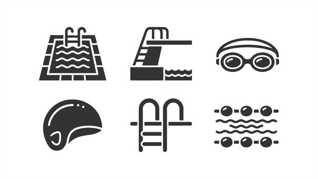 Swimming Pool Icons Set: Pool, Diving Board, Goggles, Swim Cap, Ladder and Lane Lines. Flat vector illustration EPS 10.