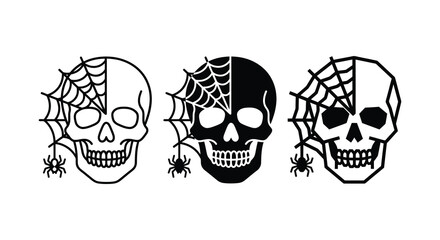 Fototapeta premium Three skull silhouettes with spiderwebs and spiders on a white background