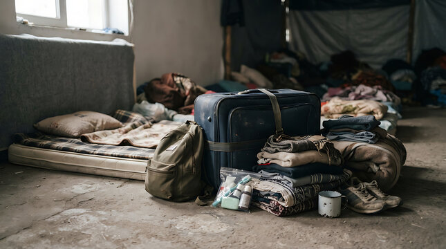 Displaced people's belongings piled up in a temporary shelter, highlighting hardship and displacement