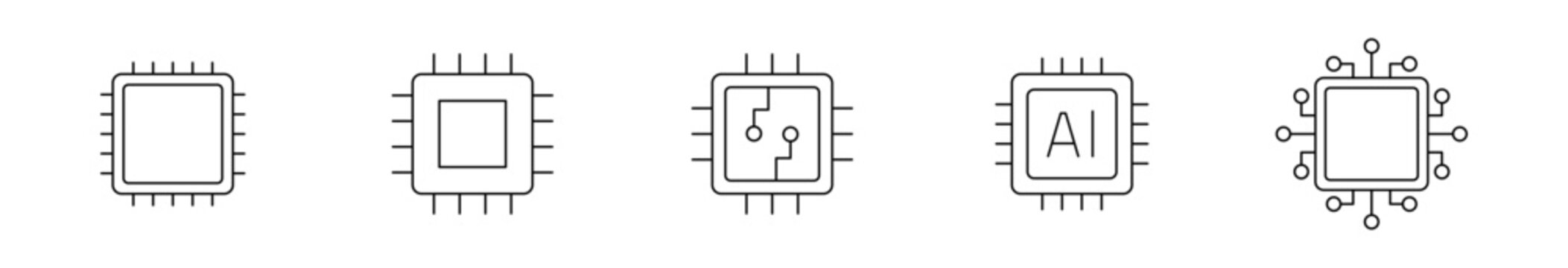 CPU processor microchip outline icons set