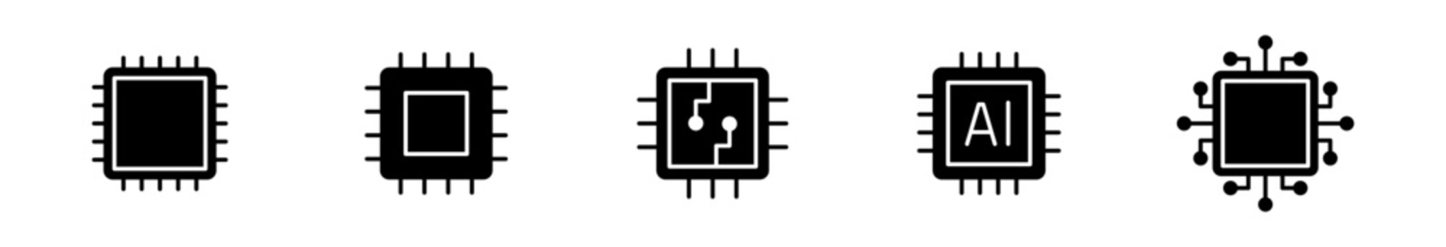 Black CPU processor microchip icons set