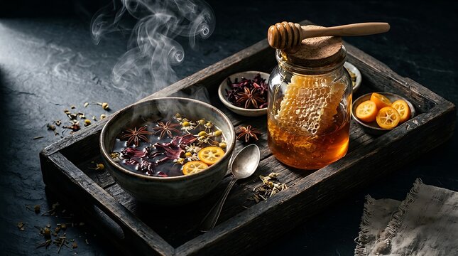 A steaming bowl of herbal hot tea served with honey, kumquats, and spices on a dark rustic wooden tray.