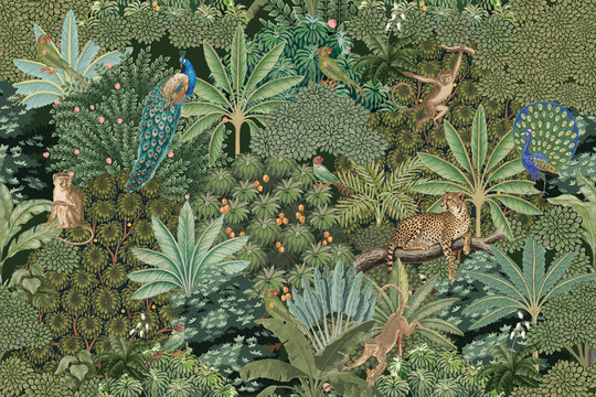Tropical mughal forest garden with cheetah, monkey, peacock, parrot, bird seamless pattern illustration