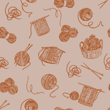 Knitting seamless pattern, a set of monochrome vector sketch illustrations - balls of wool, knitting needles
