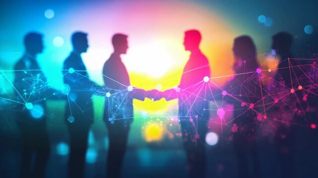 Silhouettes of business professionals meeting in abstract digital space, handshake agreement corporate partnership teamwork communication innovation and global network collaboration with bright colors
