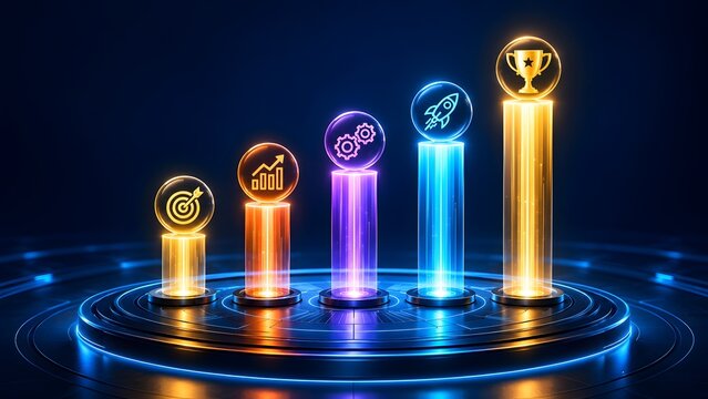 Escalating business growth pillars displaying strategic workflow milestones leading to competitive victory