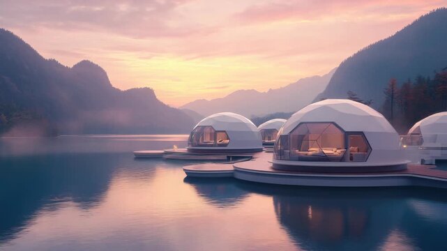 Modern floating pod villas on serene alpine lake surrounded by mountains with futuristic glass architecture eco tourism lifestyle luxury vacation retreat smart housing and peaceful nature technology