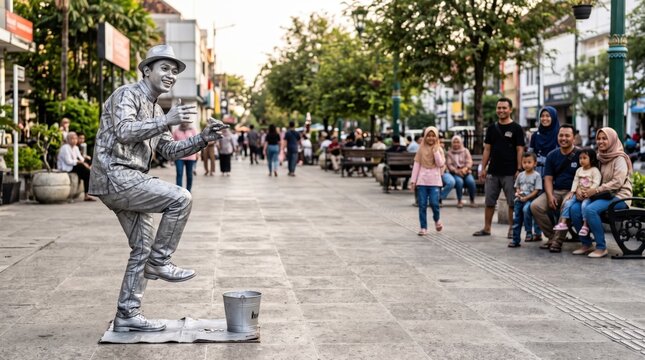 Dynamic Silver Street Performer Entertaining Tourists in Public Plaza.
