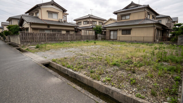 側溝沿いに草地と砂利が続く住宅街の空き地と戸建て住宅、生活道路と低い区画境界の景観