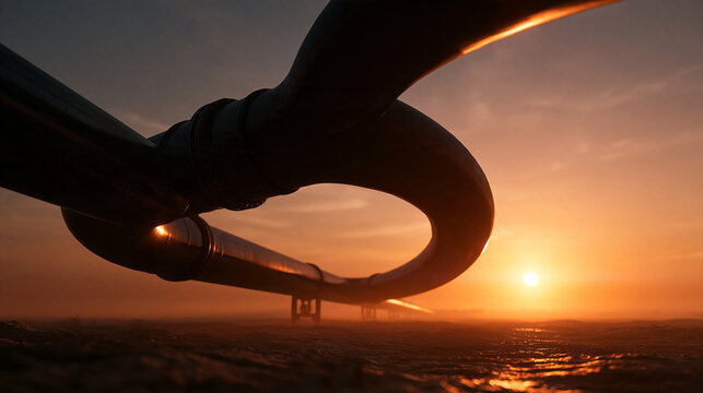 Oil Pipeline Infrastructure in Desert Landscape at Sunset