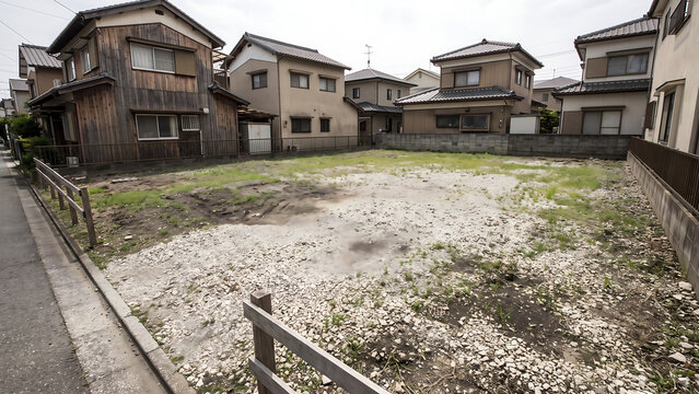 砕石と薄い草が混ざる小さな住宅街の空き区画と戸建て住宅、生活道路と木製フェンスの景観