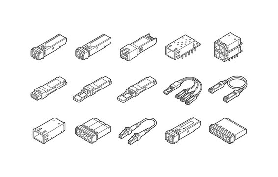 SFP transceiver QSFP module fiber optic cage and DAC cable line icon set vector
