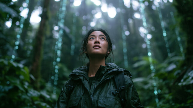 Asian Woman Hiker Looking Up in Futuristic Rainforest