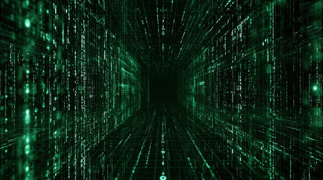 Futuristic digital tunnel with glowing green binary code streams. Abstract technology concept for cyber security and big data computing backgrounds.