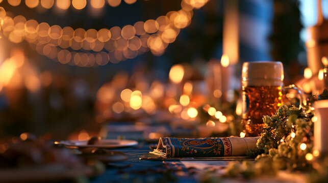Oktoberfest Beer Mug on Festive Table with String Lights